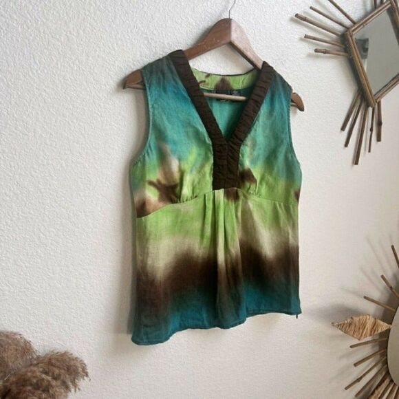 Saint Tropez West Womens Linen Sleeveless Green & Blue Tie Dye Summer Blouse SM - Picture 10 of 11